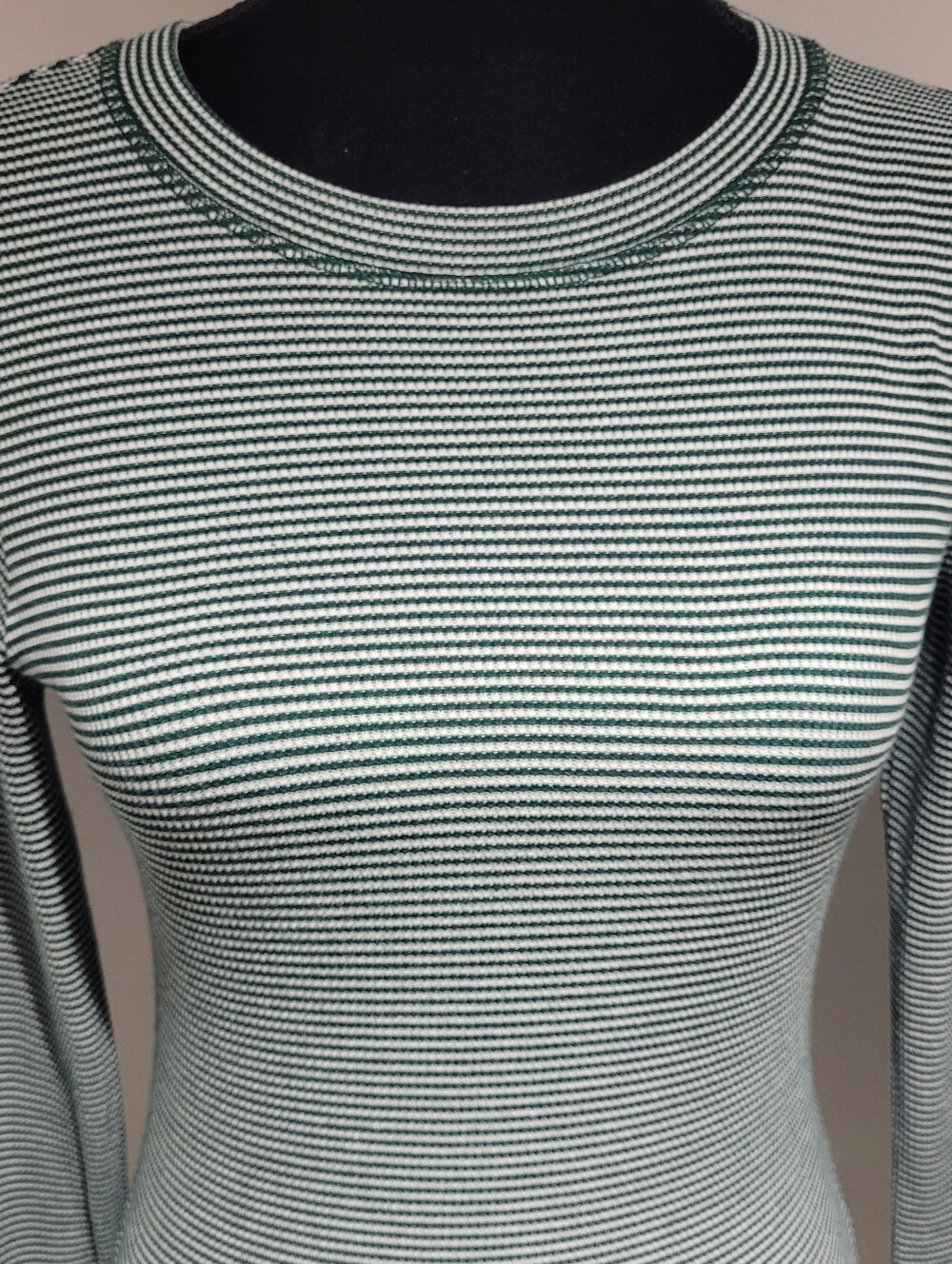 American Eagle Women's Striped Long-Sleeve Crewneck Casual Top Small Green White - Picture 4 of 9